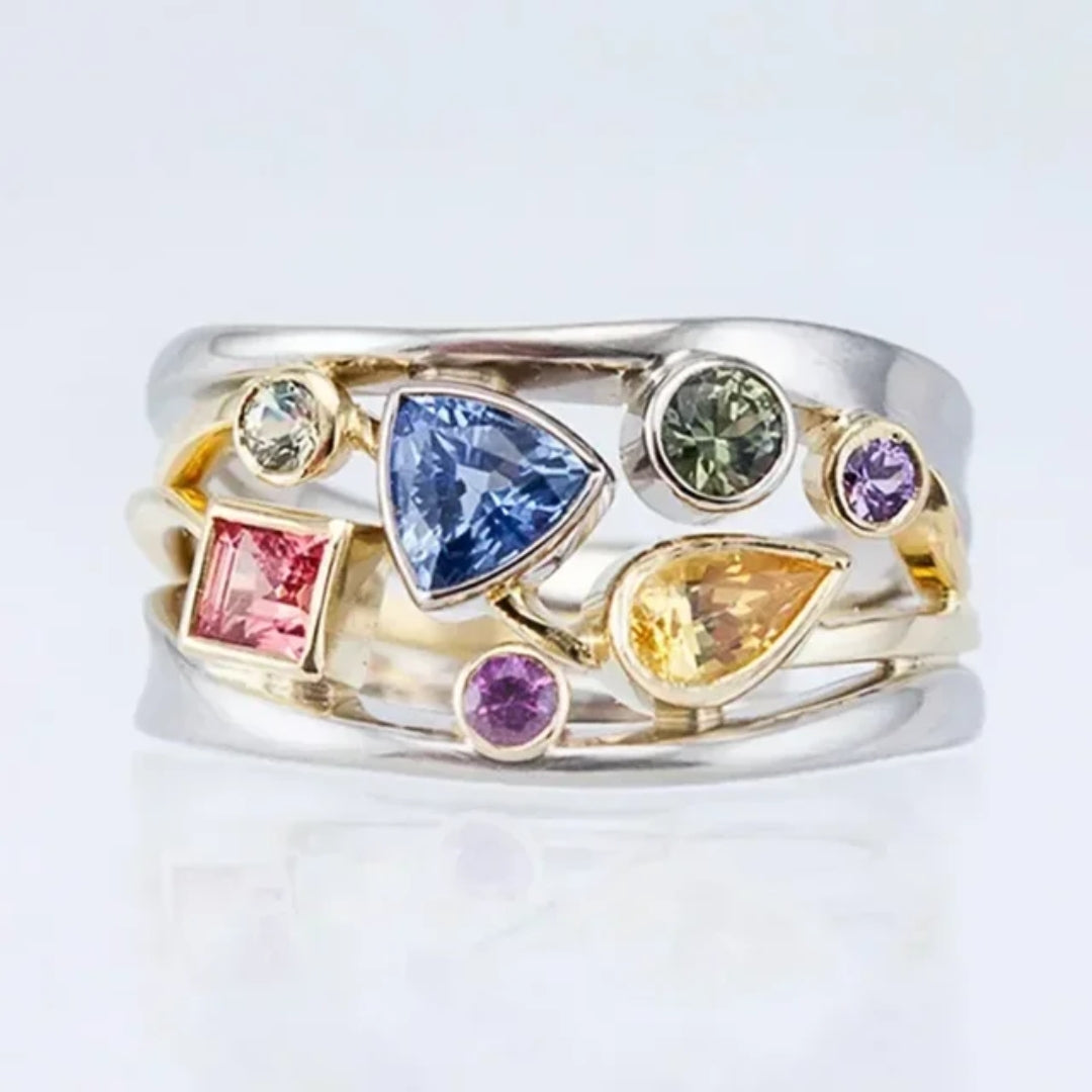 Ring med flerfärgade kristaller i vintage guld och silver
