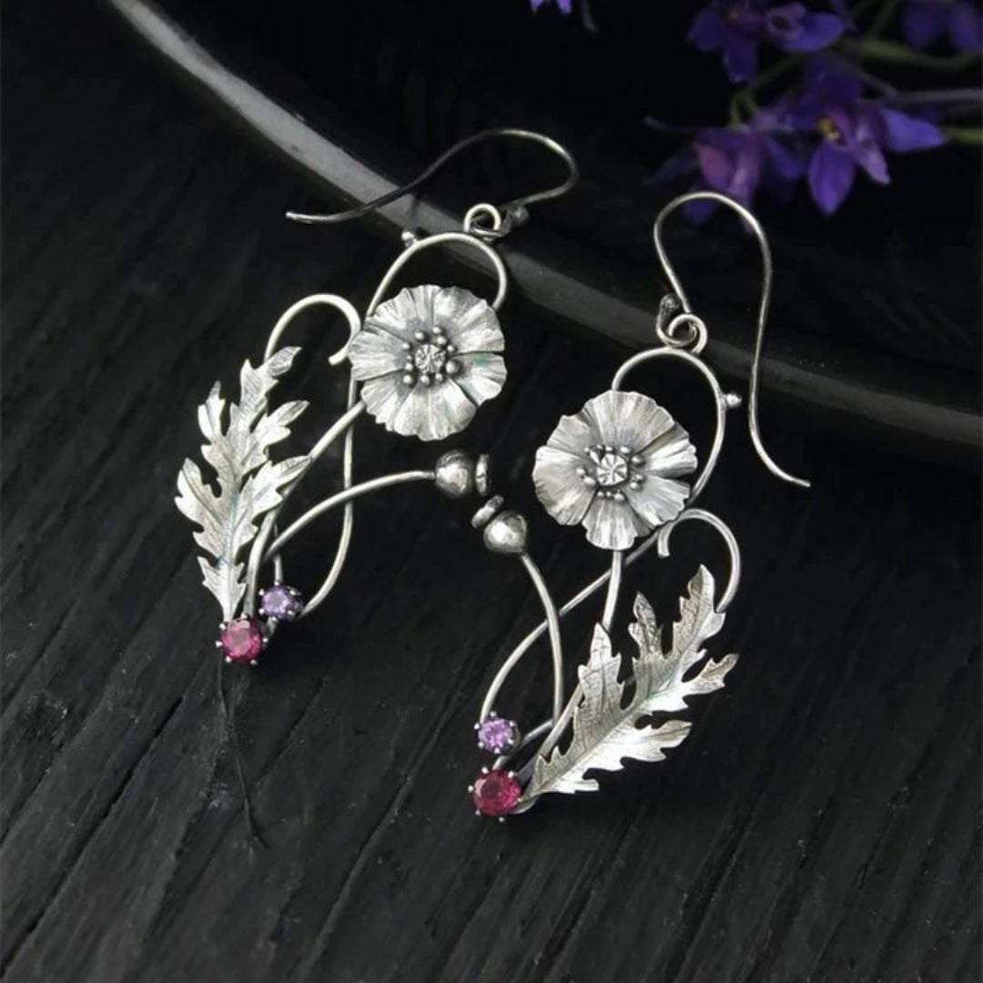 Boho Blommiga silver örhängen