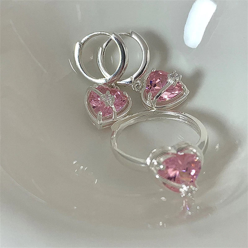 Sterling Silver Rose Crystal hjärta örhängen och ring